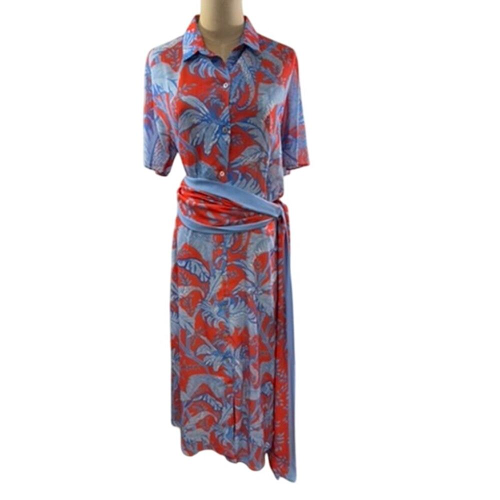 "GRETCHEN SCOTT" Button Down Belted/Scarf Long Dress Size M Elegant‎ Happy Rich